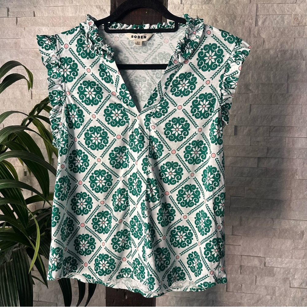 BODEN Lola Sleeveless Top Baroque Tile Green White Size 10
